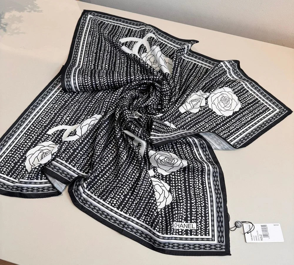 Chanel Polka Dot & Camellia Silk Scarf (Black & White)